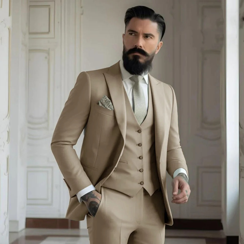 Men Formal Wear With Coat - 3-teiliger Khaki-Anzug für Herren, Hochzeitskleidung, Business-Anzug