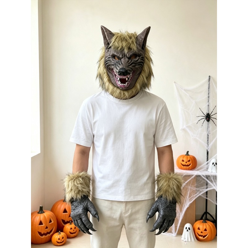 Formal Wear Gloves Men - Halloween-Wolfkopfmaske und Handschuh-Set, Kostümzubehör für Erwachsene