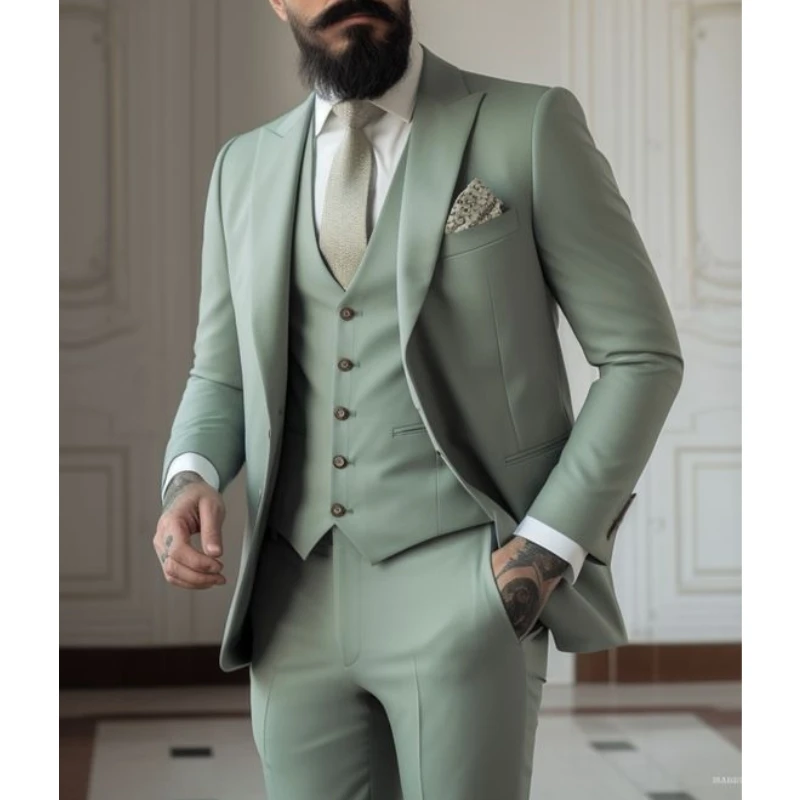Men Formal Wear With Coat - Hellgrüne Anzüge für Herren, 3-teilig, Hochzeitskleidung,
