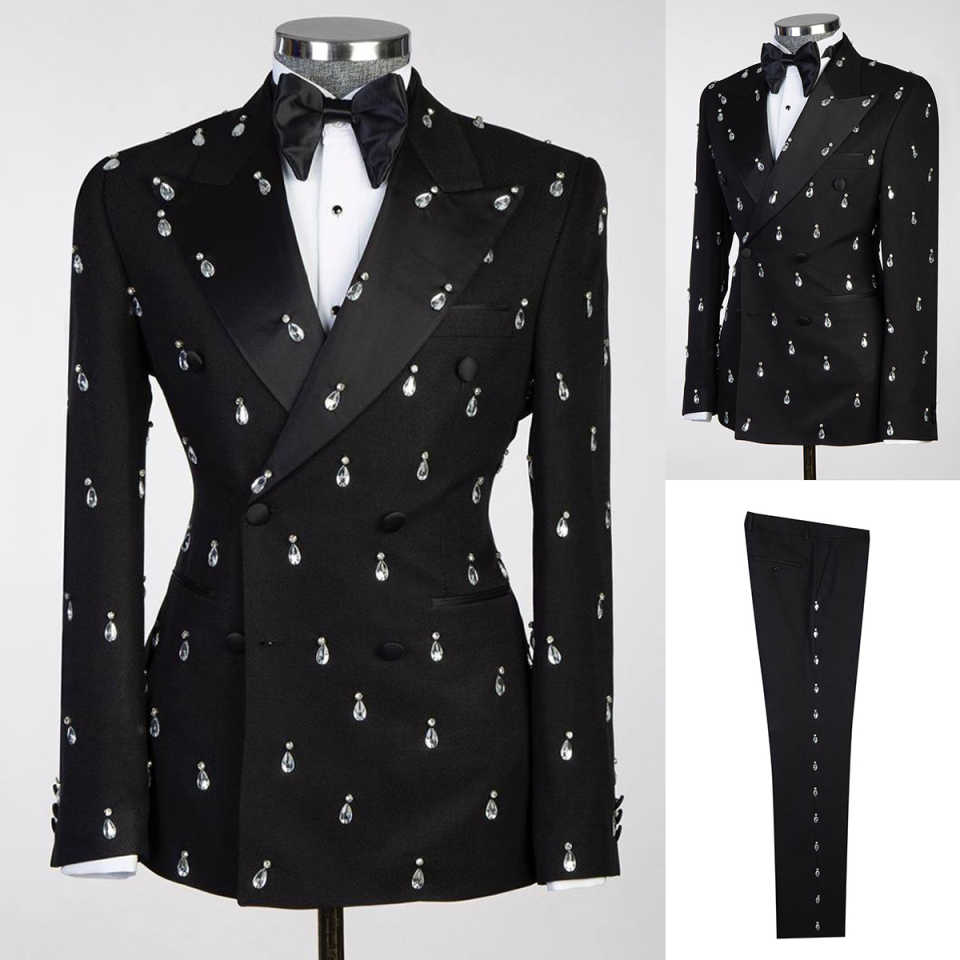 Large Men Formal Wear - Großer Kristall-Bräutigam-Hochzeits-Smoking, 2-teilig, schmale Passform, schwarz,