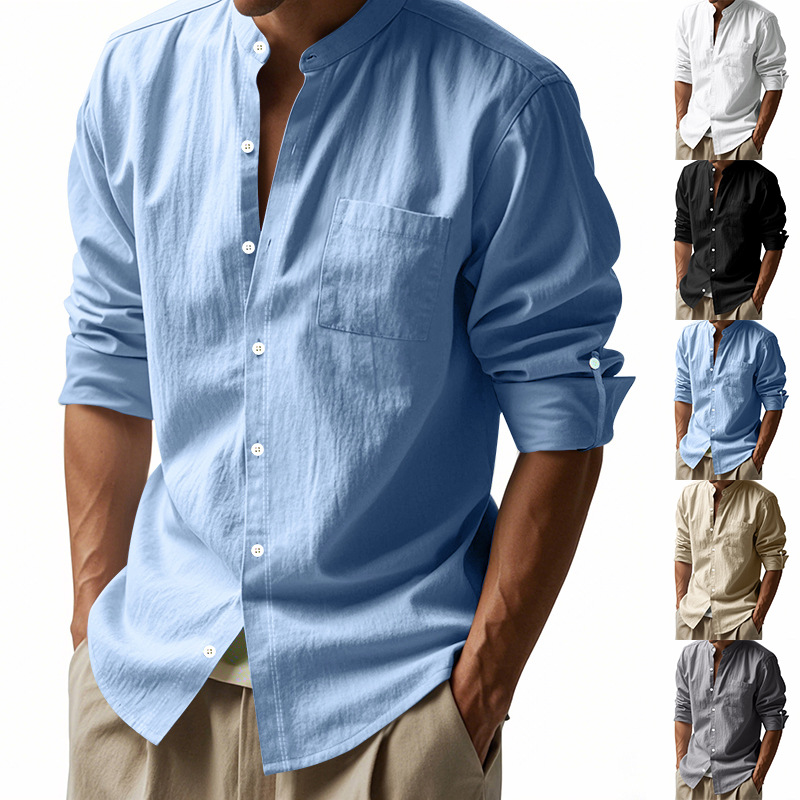 Men Formal Wear Top - Herren-Hemd aus Leinen mit Stehkragen, modisch,