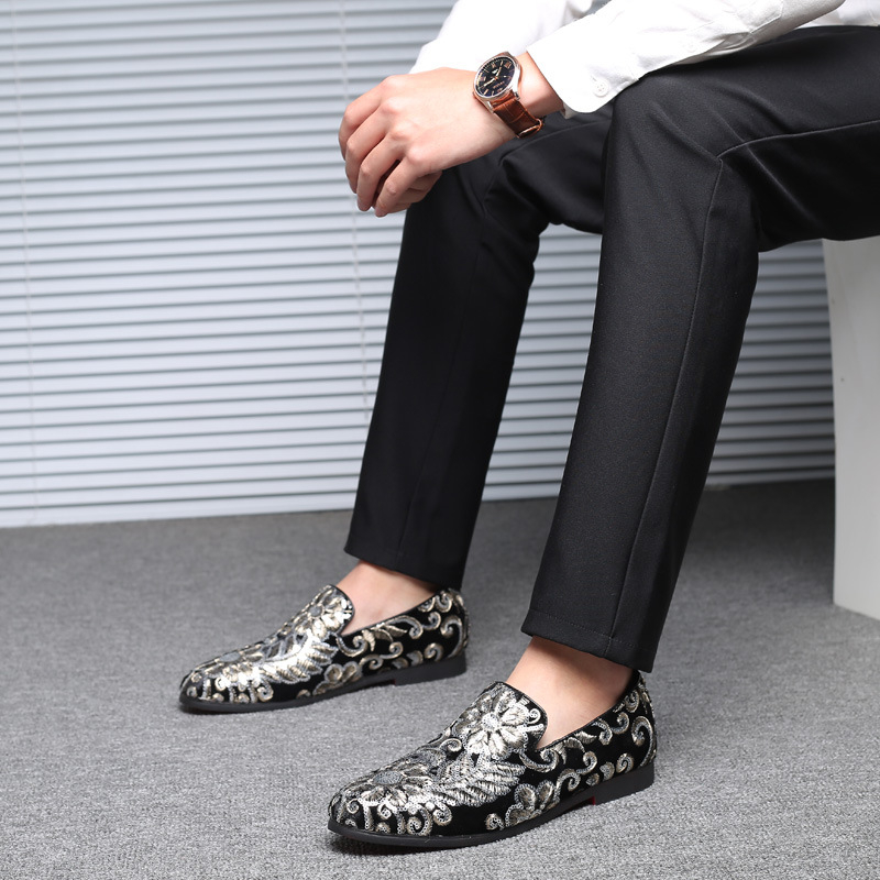 Men'S Formal Wear Slippers - Herren-Slipper aus Samt mit goldener Stickerei,