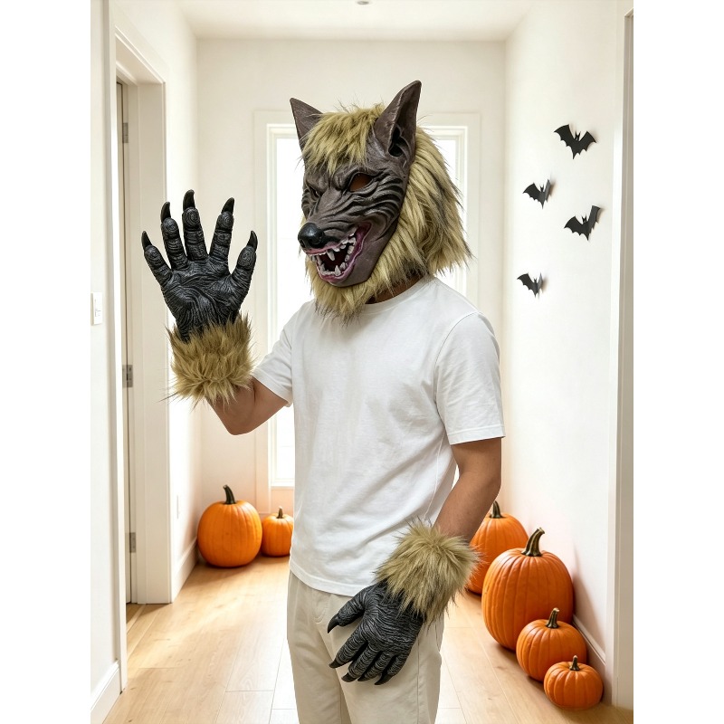 Halloween-Wolfkopfmaske und Ha – Formal Wear Gloves Men Bewertung und Preis