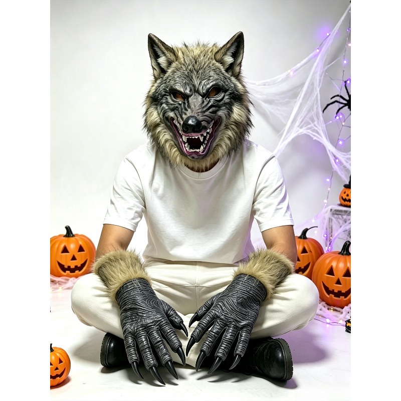 Halloween-Wolfkopfmaske und Ha – Formal Wear Gloves Men Bewertung und Preis
